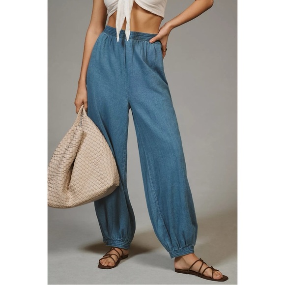 NWT Anthropologie Denim Harem Pants Large Chambray Blue Balloon Baggy Boho - Picture 2 of 14